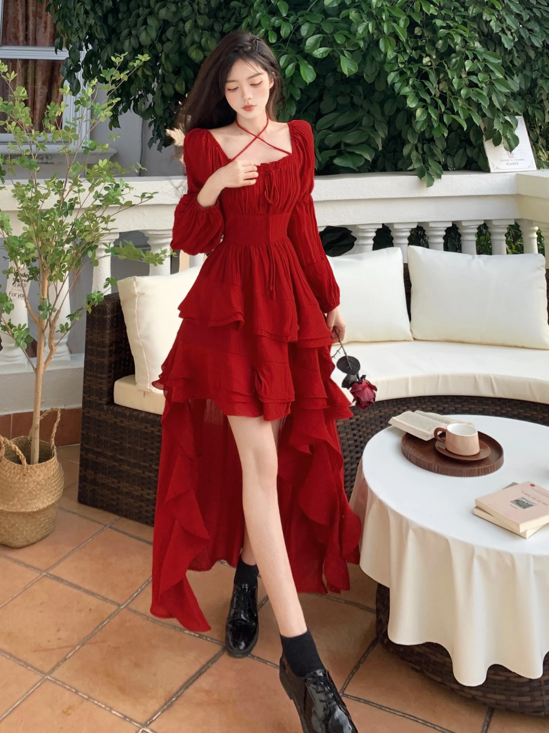 

Temperament retro lace up irregular large hem waist closing slimming dress Spring/Summer new long skirt beach skirt