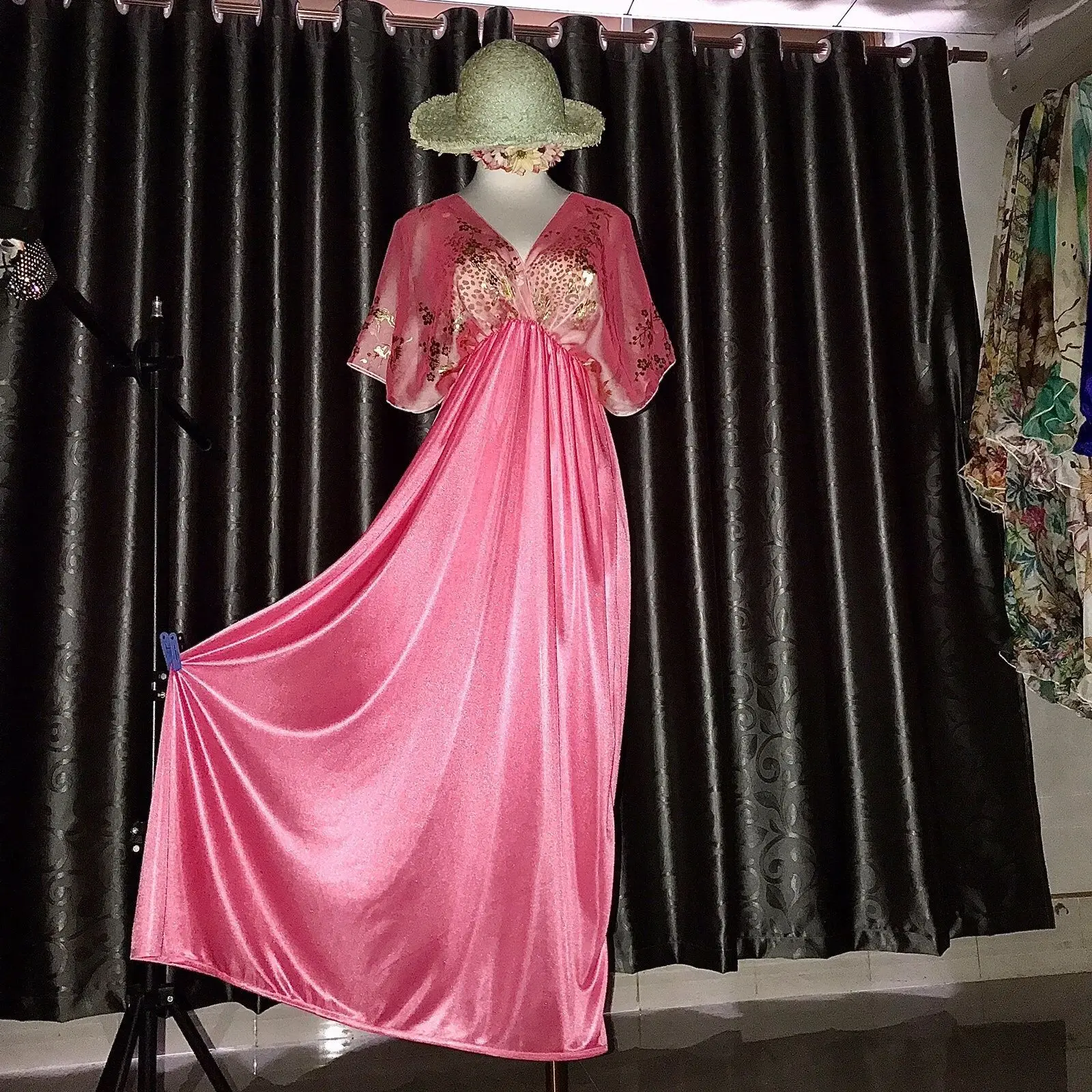 

Glossy Women Ruffles Mesh Satin Short Sleeve Dress Loose Maxi Dress Plus Size Sleeping Pajamas Robe