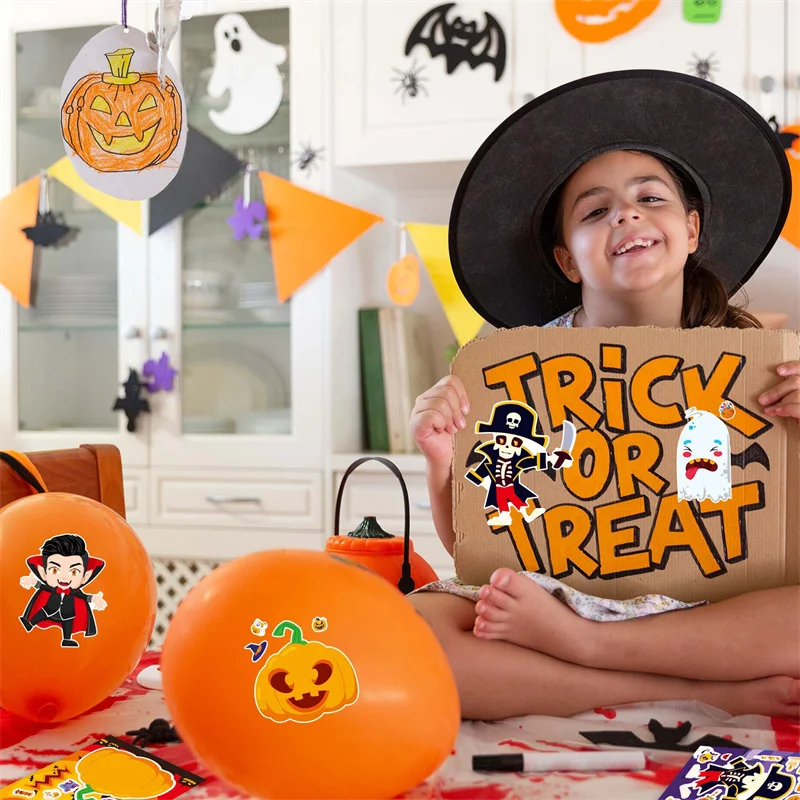 Kids DIY Halloween Stickers Make A Face Pumpkin Witch Bat Mummy Prank Puzzle Sticker Party Decoration Stiker Boys Girls Gifts