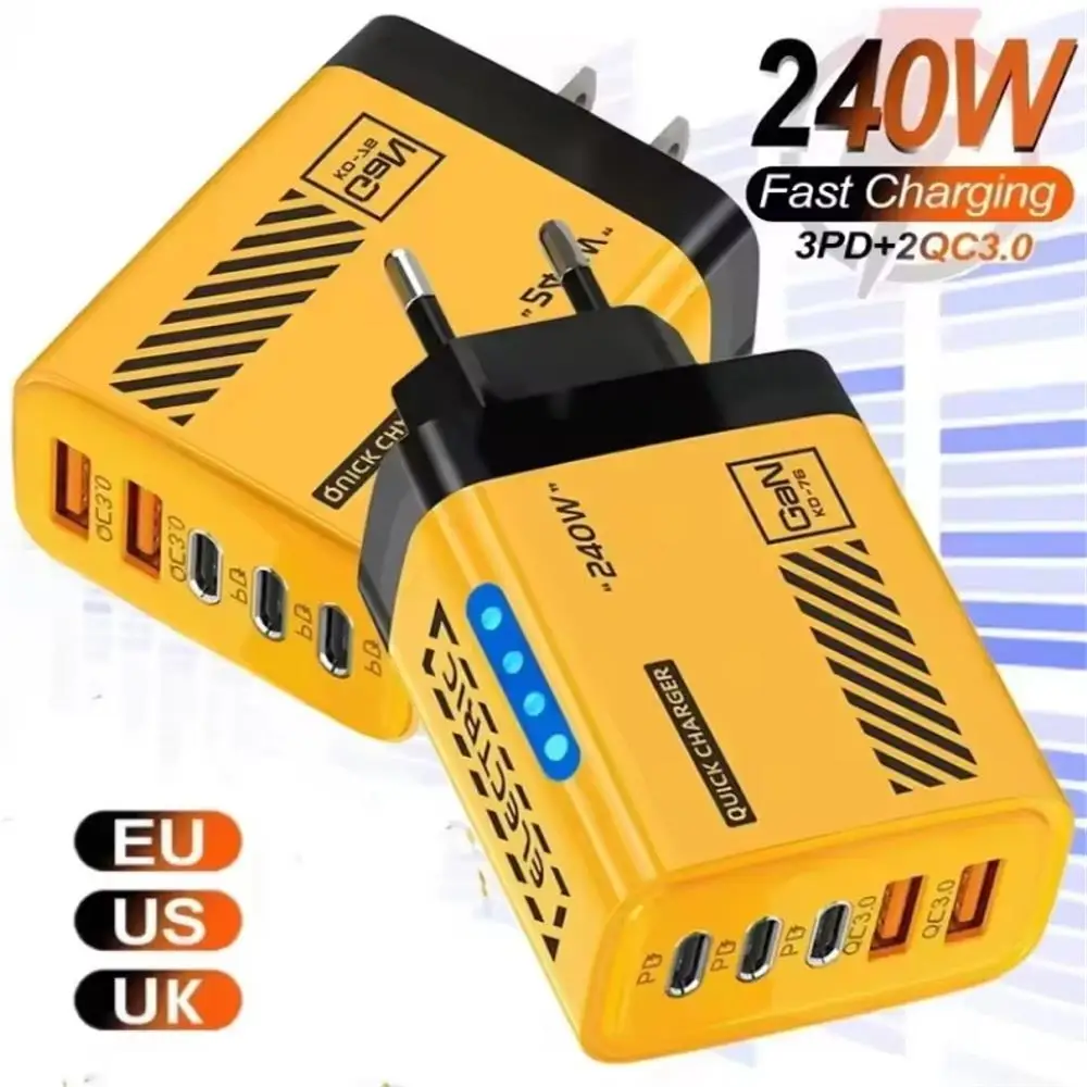 240W Fast Charging Charger 5 in 1 LED Light 5Port GaN Phone Charger Adapter 10A Cable For iPhone Xiaomi EU/US Plug Charger