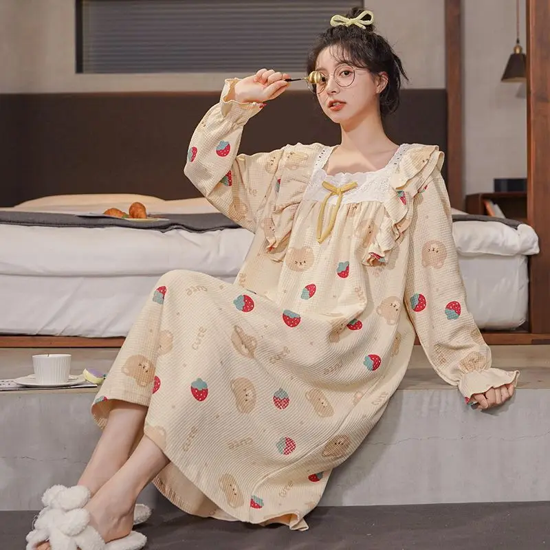 

Cotton Long-sleeved Nightgown Women Spring Autumn Big Size Sleepwear Kawaii Clothes Bathrobe Homewear Robes Pajamas Nighty