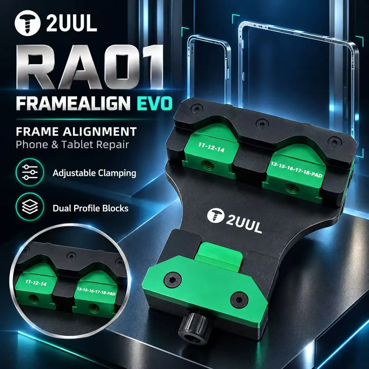 2UUL RA01 FrameAlign Evo Phone Tablet Frame Reshaping Alignment Fixture Adjustable Clamp for Corner Straightening Repair Tool