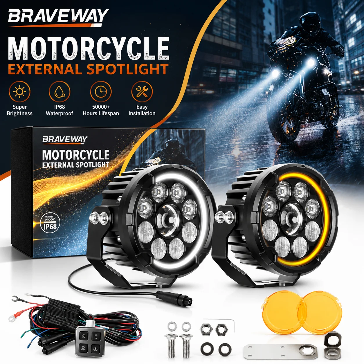 BraveWay 4,5" Motorrad-LED-Scheinwerfer Spot-Flood-Kombination Weiß & Amber DRL Fern- und Abblendlicht IP68 Zusatz-Nebelscheinwerfer für R1250GS R1300GS KTM Tenere Honda Offroad-Nutzung