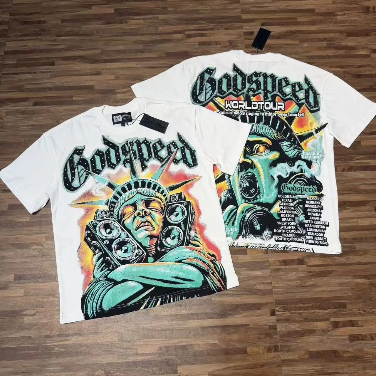 Godspeed Rock Statue Print Ins Retro High Street Hip Hop Loose round Neck Pure Cotton Short Sleeve T-Shirt Youth Fashion Stre...