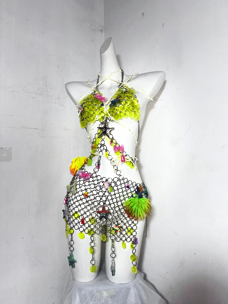 

Niche Designer Style Handmade Metal Chain Stitching Dress Three-Dimensional Sequined