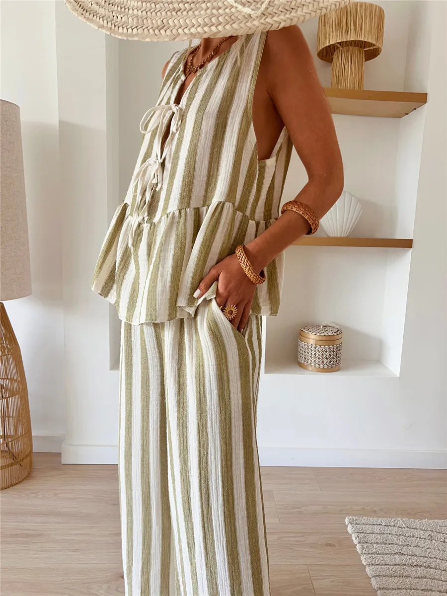 Striped Tie Waist Vest 2 Pieces Set Summer Casual Sleeveless Loose Tank Tops Elastic Waist Ruffles Hem Wide Leg Pants Outfits