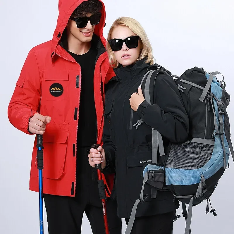 

Hiking Outdoor Waterproof Three-in-One Hooded Detachable Jackets Men Women Two-piece Tide Clothes Winter Lovers Plus Large