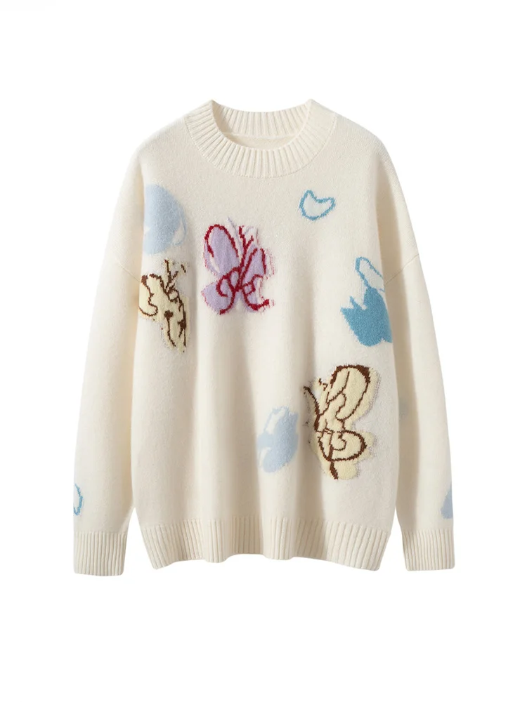 

Korean Autumn Winter Women's Sweater 100% Cashmere Pullover Sweater Warm Half High O-Neck Girl Style Butterfly Pattern Knit Tops
