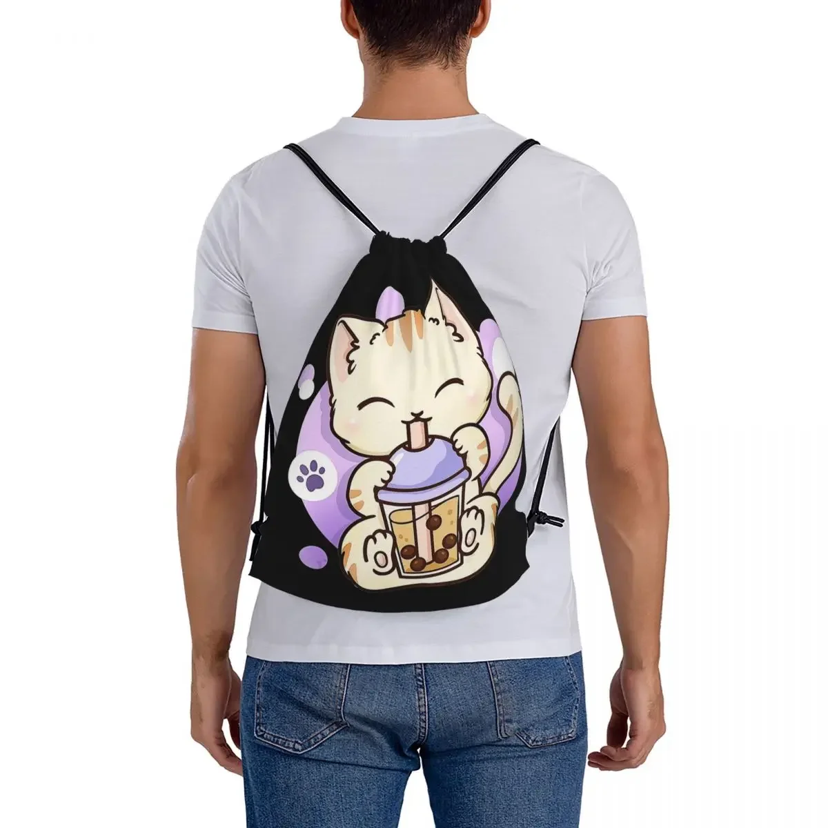 Cat Boba Tea Bubble Tea Anime mochilas Kawaii japonesas para niñas adolescentes, bolsas con cordón, paquete de bolsillo, bolsa de libros deportiva