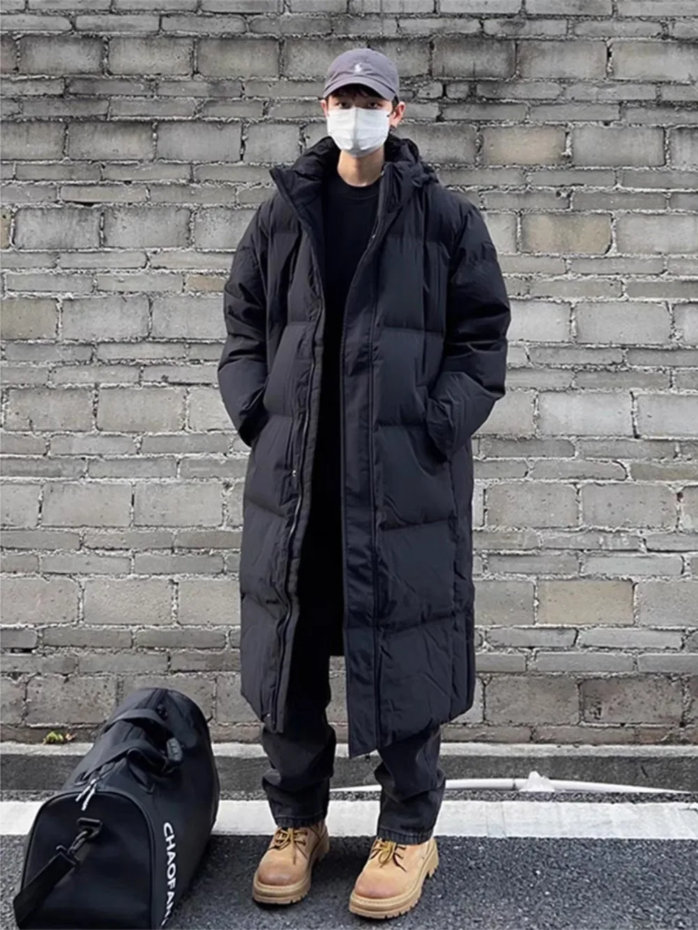 Black Hooded Mid Length Cotton Jacket with Padded Men in Winter Thickened Over The Knee Northeast Cold Resistant Coat Parkas