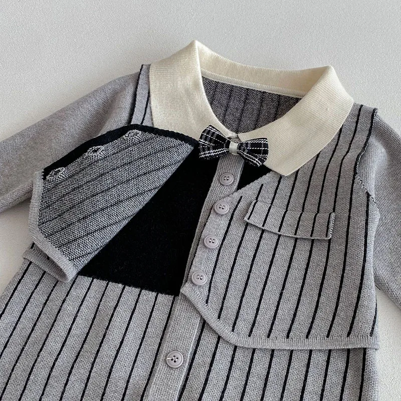 LILIGIR 2025 الخريف الطفل السروال القصير أسود رمادي شريط الأولاد وسيم بذلة طفل رقيقة محبوك قطعة واحدة 3-24 متر #6
