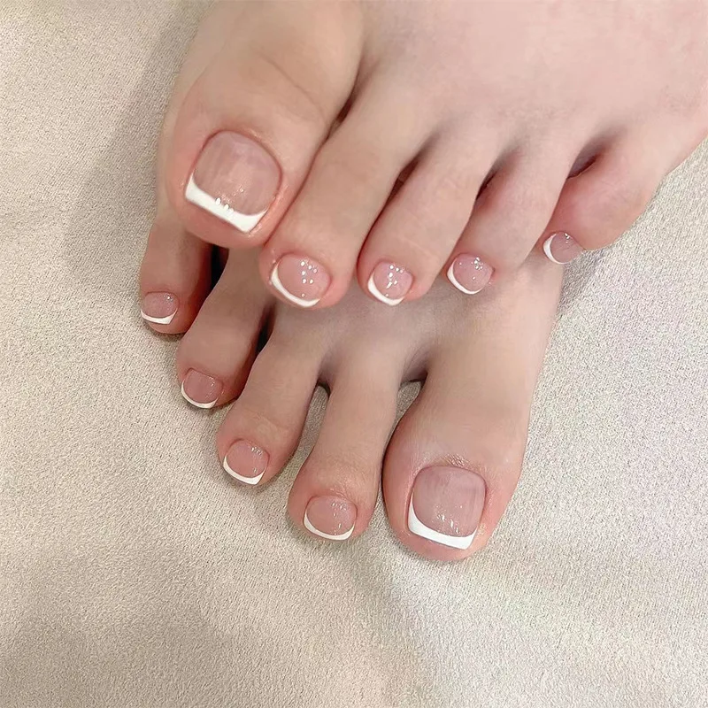 

24PCS Simple White French Design False Toe Nail Press on Toe Nails Full Cover Artificial Detachable Toe Nails Finished for Women