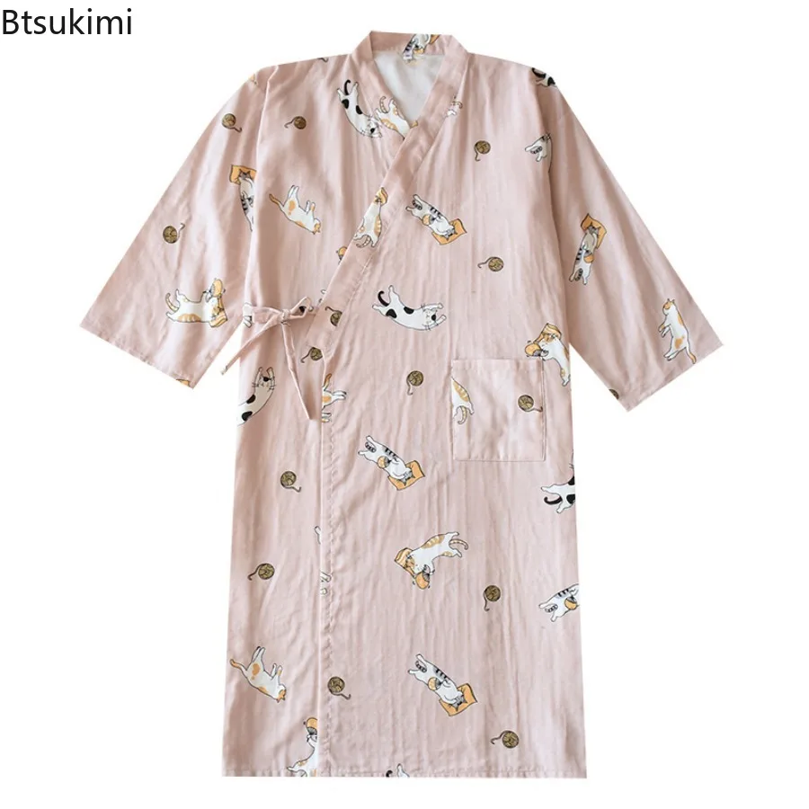 2025 Women's Robe 100% Cotton Robe Kimono Seven-Sleeve Pajamas Loose Cartoon Cat Print Night-robe Pajamas Bathrobe for Couple