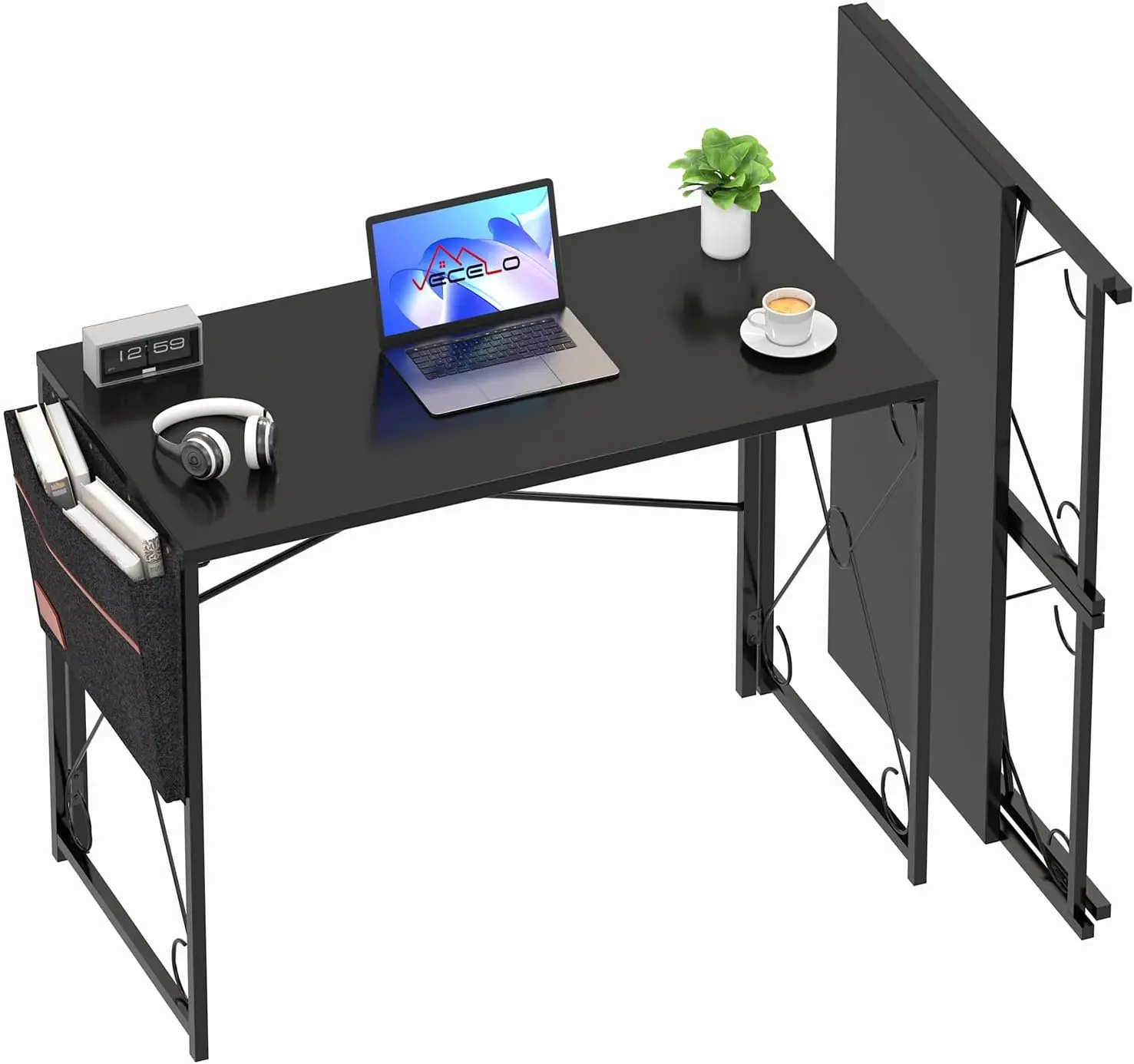 39 Inch Writing Computer Folding Desk/Sturdy Steel Laptop Table with Storage Bag for Home Office Work, Classic Black