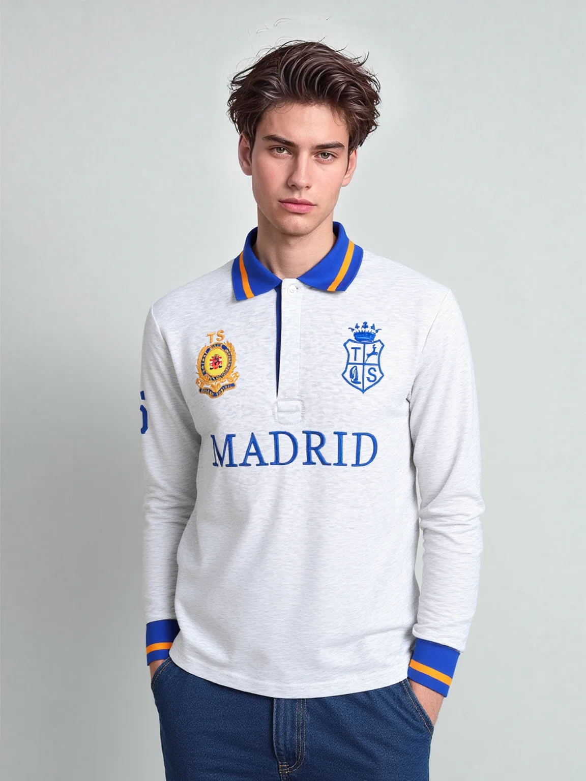 Men's Polos Grey Long Sleeve Polo Shirt Full-Collar Tee with Madrid Embroidery Casual Sports
