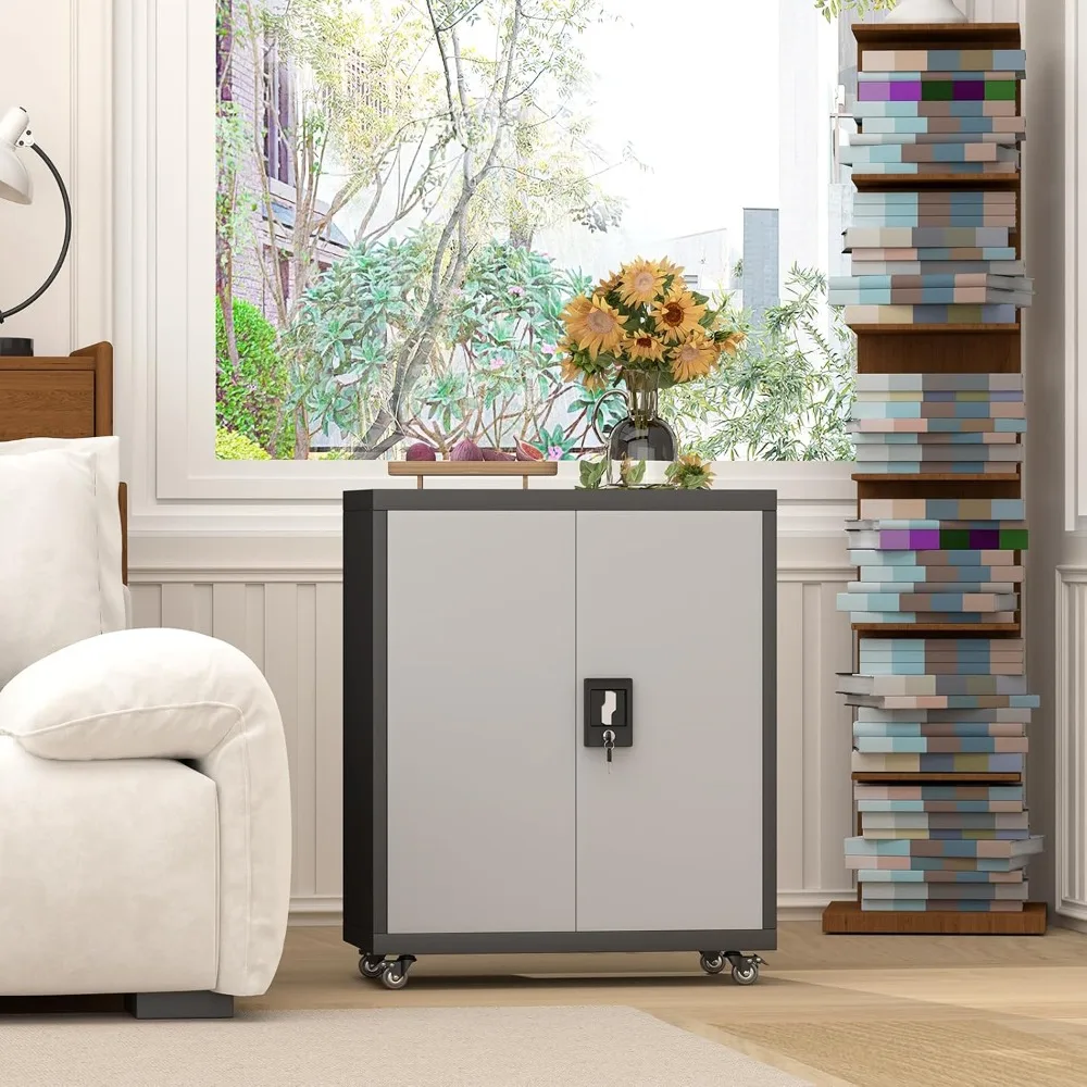 調節可能な棚板付きメタル収納キャビネット、扉とキャスター付き、狭いガレージスペース向け、安全なロックオプション付き