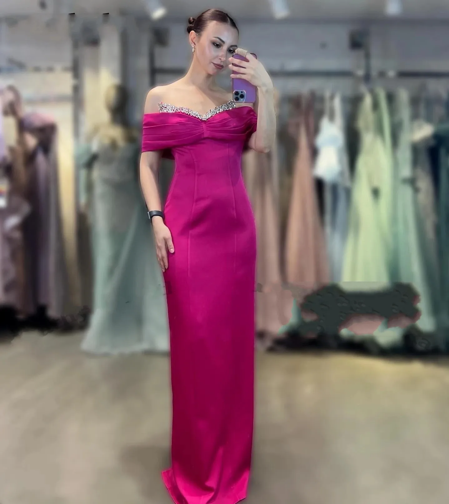 Elegant Fuchsia Evening Dress  Off the Shoulder Beading Satin Sheath Long Prom Formal Gowns Birthday Robe De Soiree