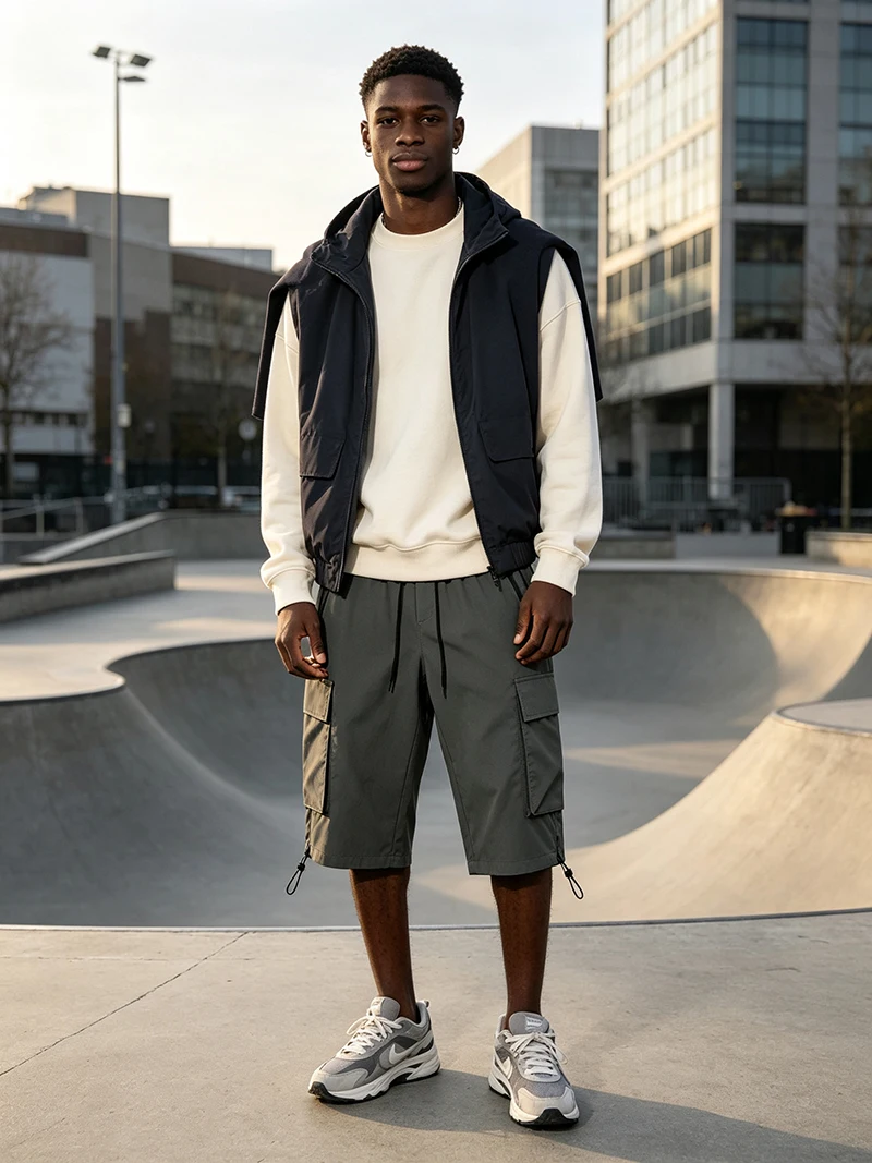 Herren Sommer Cargo Caprihose mit Reißverschlusstaschen, regulärer Passform, elastischem Bund, Kordelzug am Saum, für Freizeit, Outdoor, Wandern, Reisen und Alltag. – Detail 13