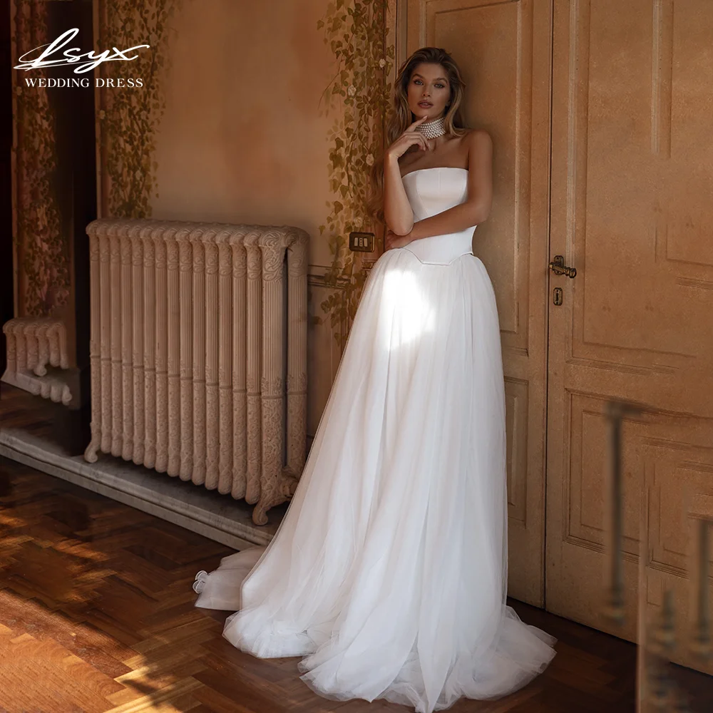 

LSYX Customized A-Line Strapless Satin Sleeveless Backless Simple Wedding Dress 2025 Elegant Tulle Bridal Gown Vestidos De Novia