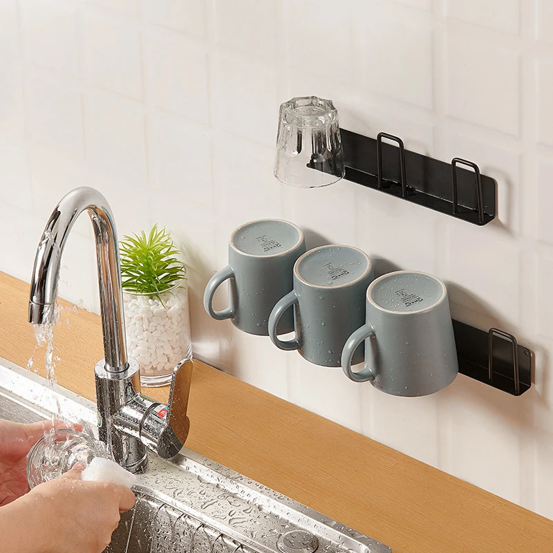 Suporte de Armazenamento de Cozinha em Aço Inoxidável Montado na Parede, Suporte para Canecas Sem Furos, Prateleira de Armazenamento Invertida para Co