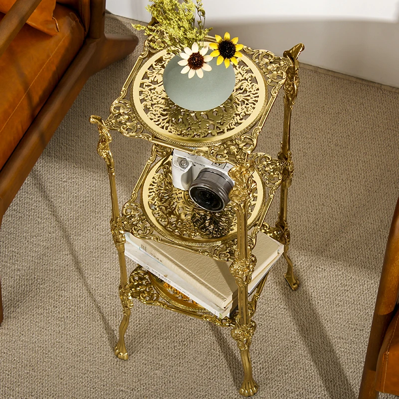 Hollow carved shelves, vintage brass floor-to-ceiling, multi-layer side stands