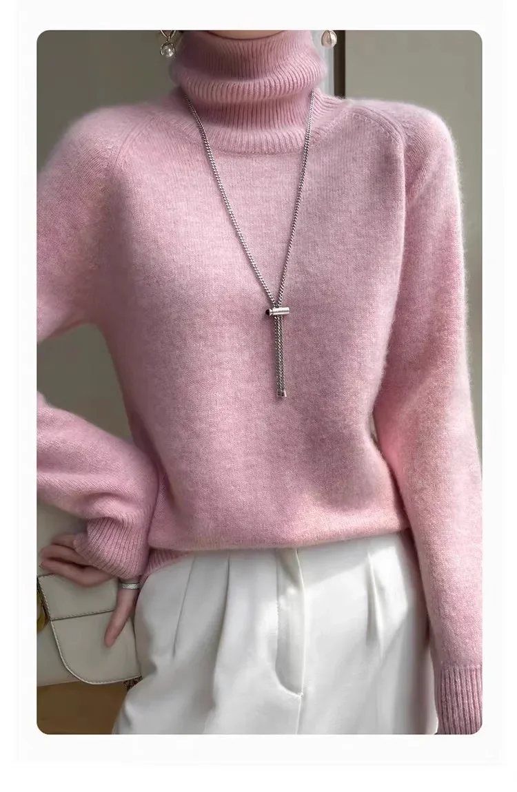 Pull 100% pur cachemire pour femmes, col haut, coupe ample avec doublure épaisse, Style pull