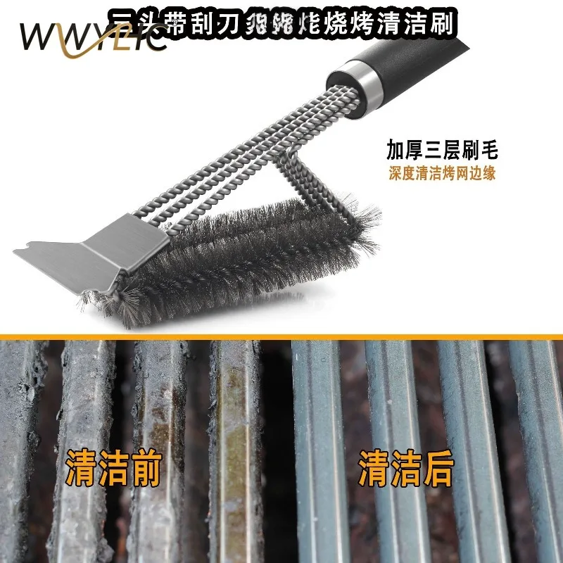 Suitable for Scraper Three-head Oven Grill Net Cleaning Brush Barbecue Tool Stainless Steel, Barbecue Brush