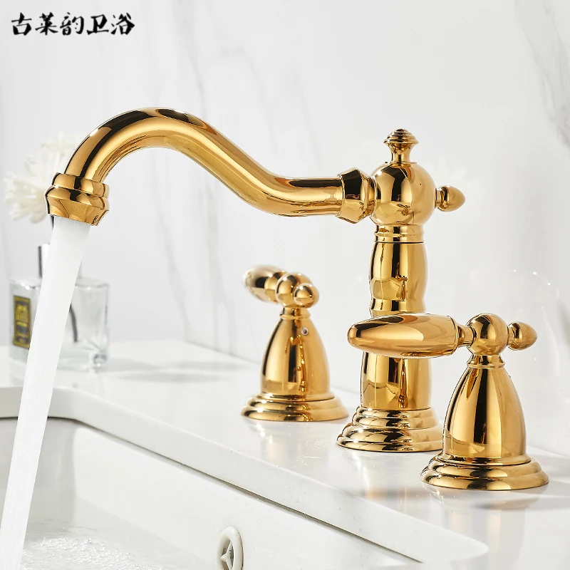 European Brass Three-Hole Bathroom Faucet 8-inch Split Type Hot  Cold Sink Faucet with 360° Rotatable Undercounter Faucet