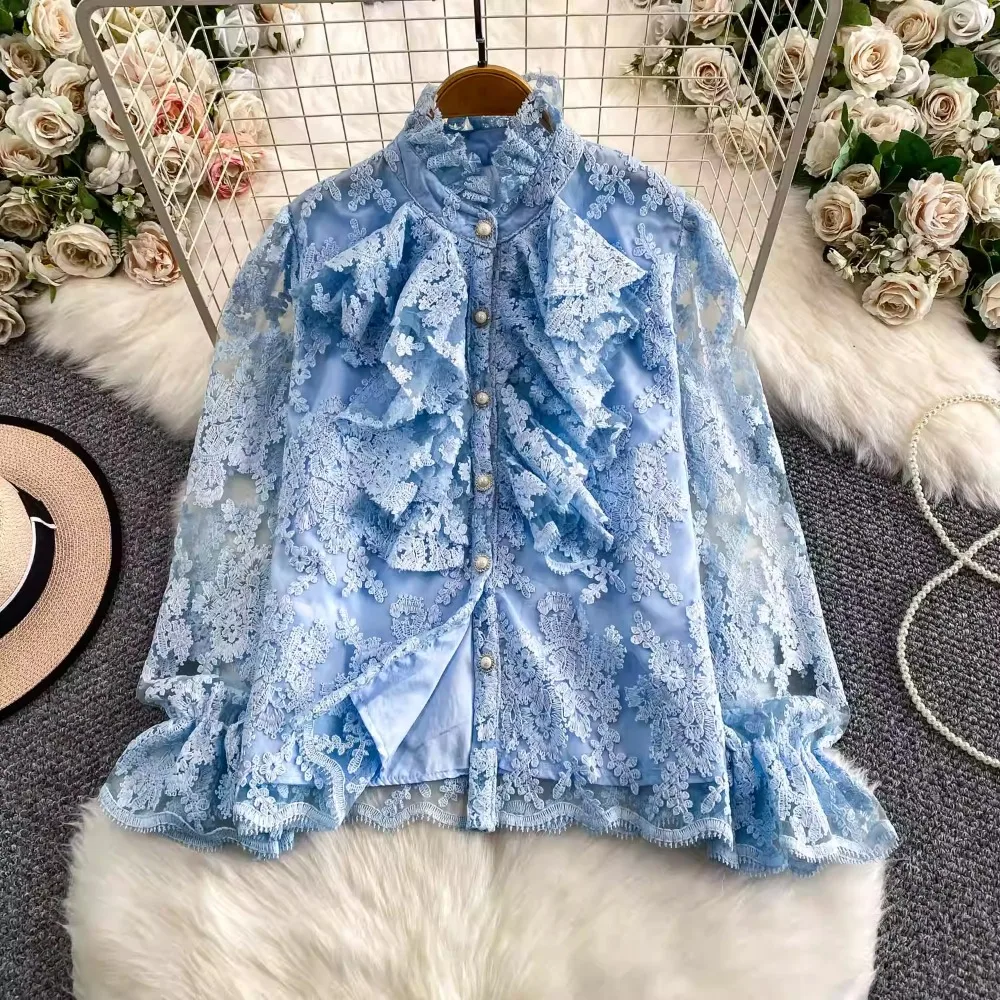 

Французская рубашка в нежном стиле с вышивкой и воротником-стойкой, из плотной сетки, для женщин, осенне-зимняя рубашка