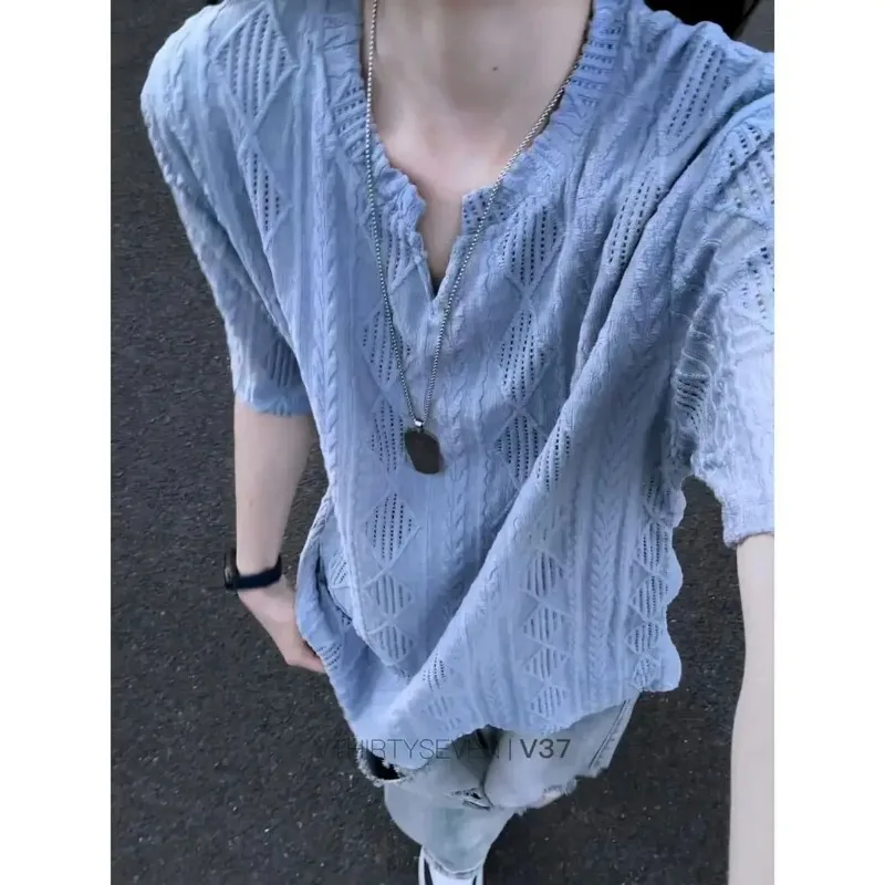 Old Money Style Men Women V Neck Knit Hollow Out T Shirt Loose Breathable Short Sleeve Couple Summer Tops