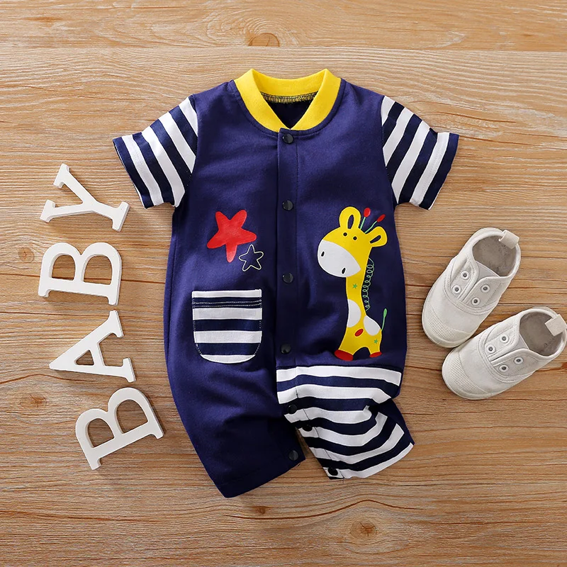 Newborn Clothes Cute Cartoon Giraffe Printed Cotton Casual And Comfortable Soft Summer Boys And Girls Short Sleeved BabyJumpsuit