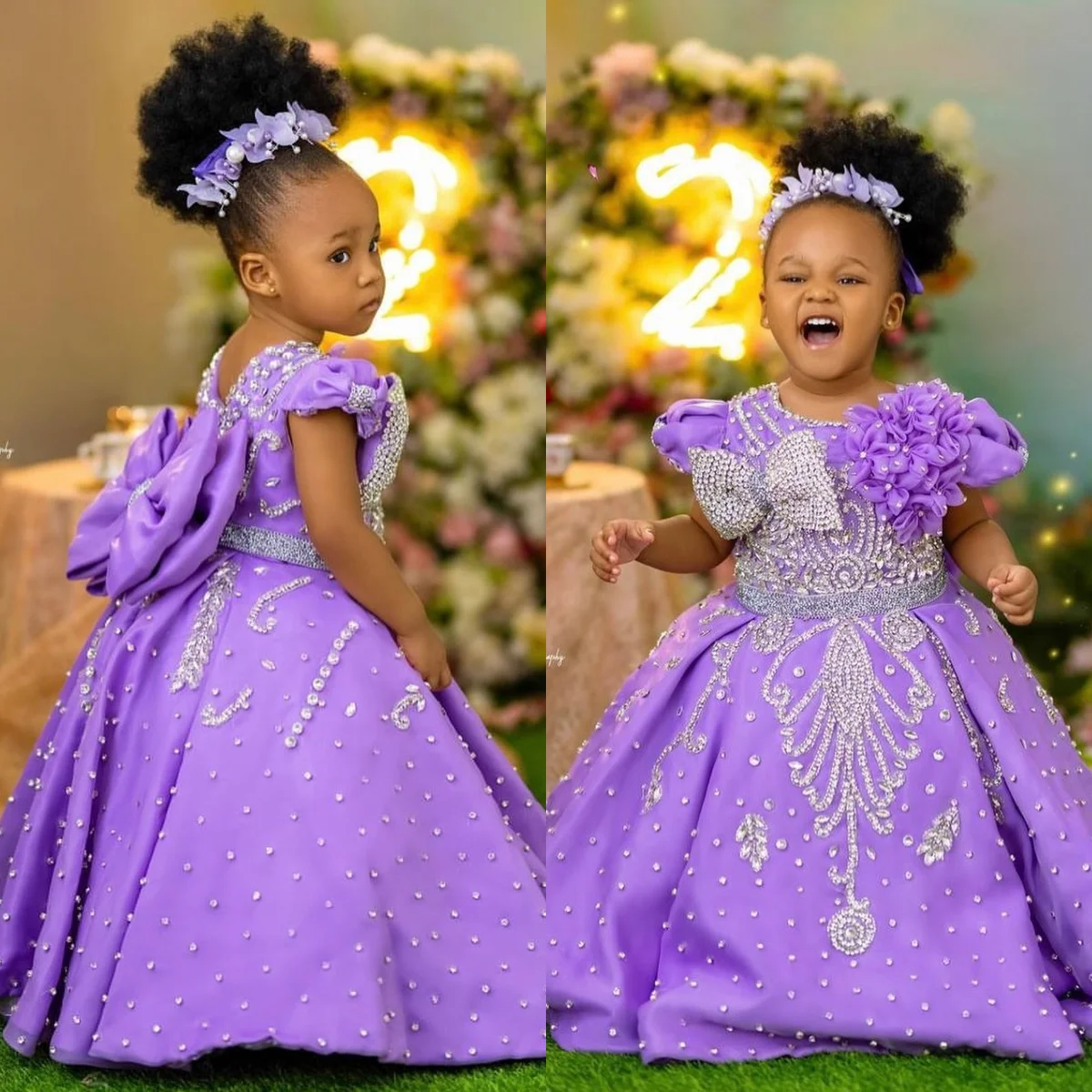 Luxury Lavender Girls Birthday Dress Customized Beading Bow Flower Girl Dresses Queen Ball Gowns for Wedding Party