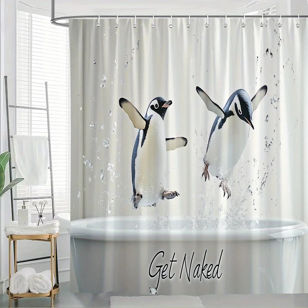 

1 шт., анимированные пингвины, прыжки в раковину, занавеска для душа — игривый текст «Get Naked», черно-белая иллюстрация, прочный полиэстер