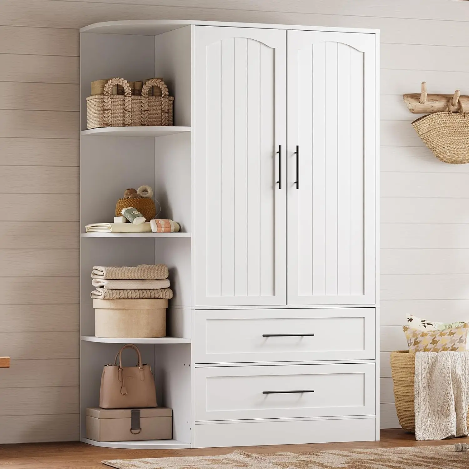 

Wardrobe Closet with Doors, 70.9" Tall Armoire Wardrobe Closet with 4 Storage Shelves, Wooden Bedroom Armoire , White