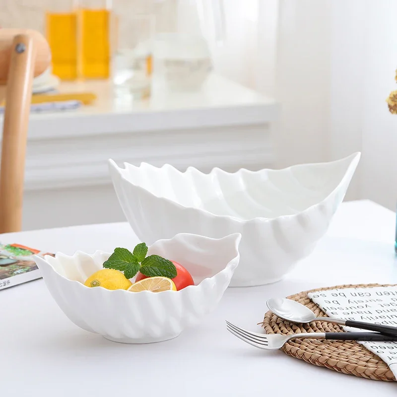 Nordic Pure White Ceramic Fruit Salad Bowl Modern Simple Household Lotus Leaf NoodleDessert Snack Western Bowl Kitchen Tableware