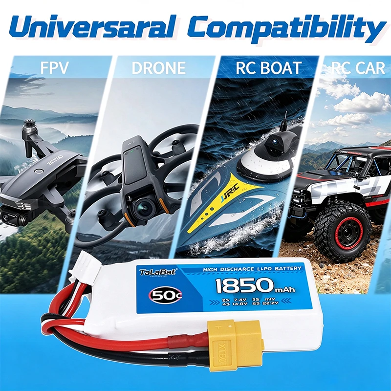 2PCS TaLaBat 1850mAh 7.4V 50C 2S RC Lipo Battery For RC Drone Car Truck Helicopter Boat with T XT30 XT60 JST Plug