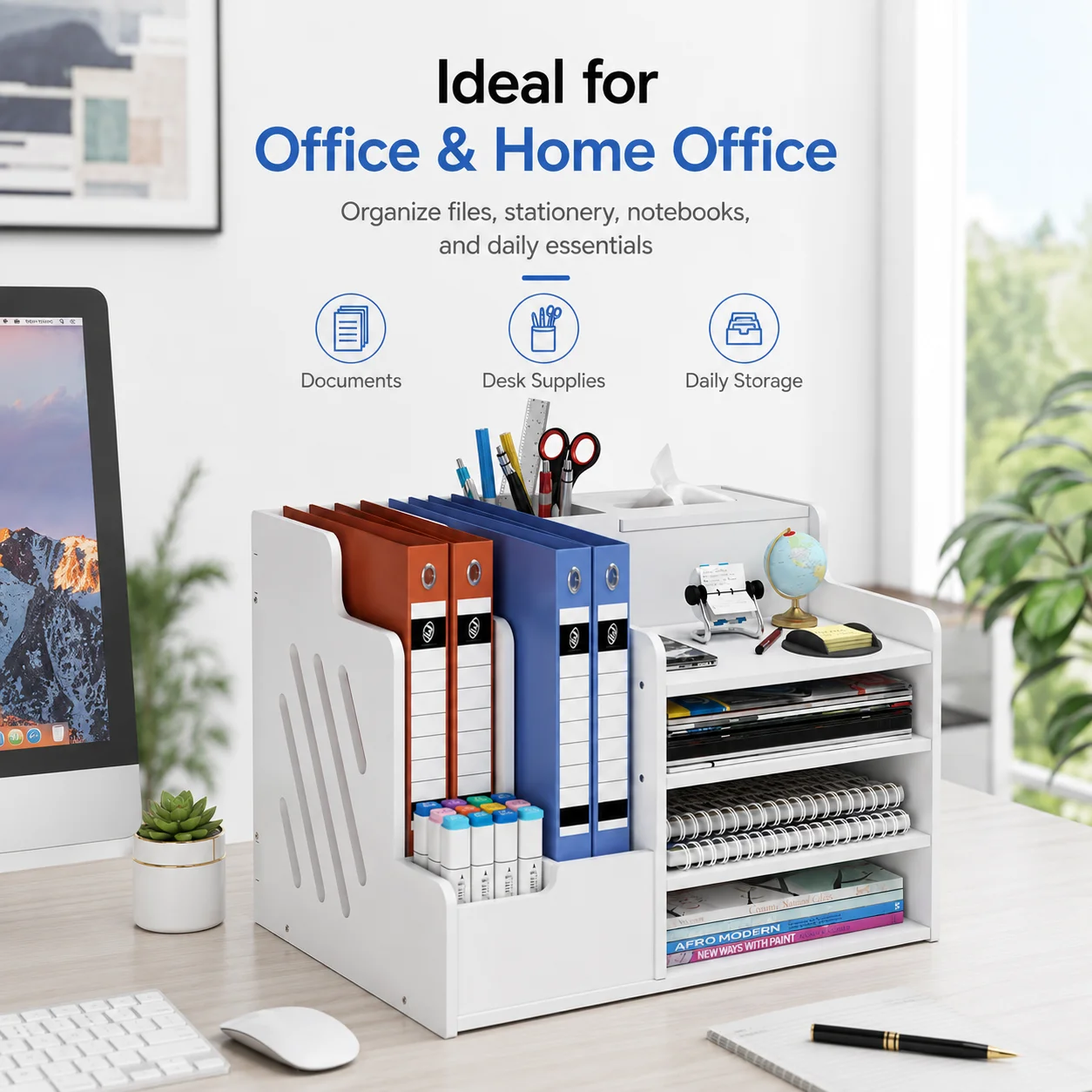 

White Multi-functional Desk Organizer, Waterproof PVC File Holder with Tissue Box & Pen Holder