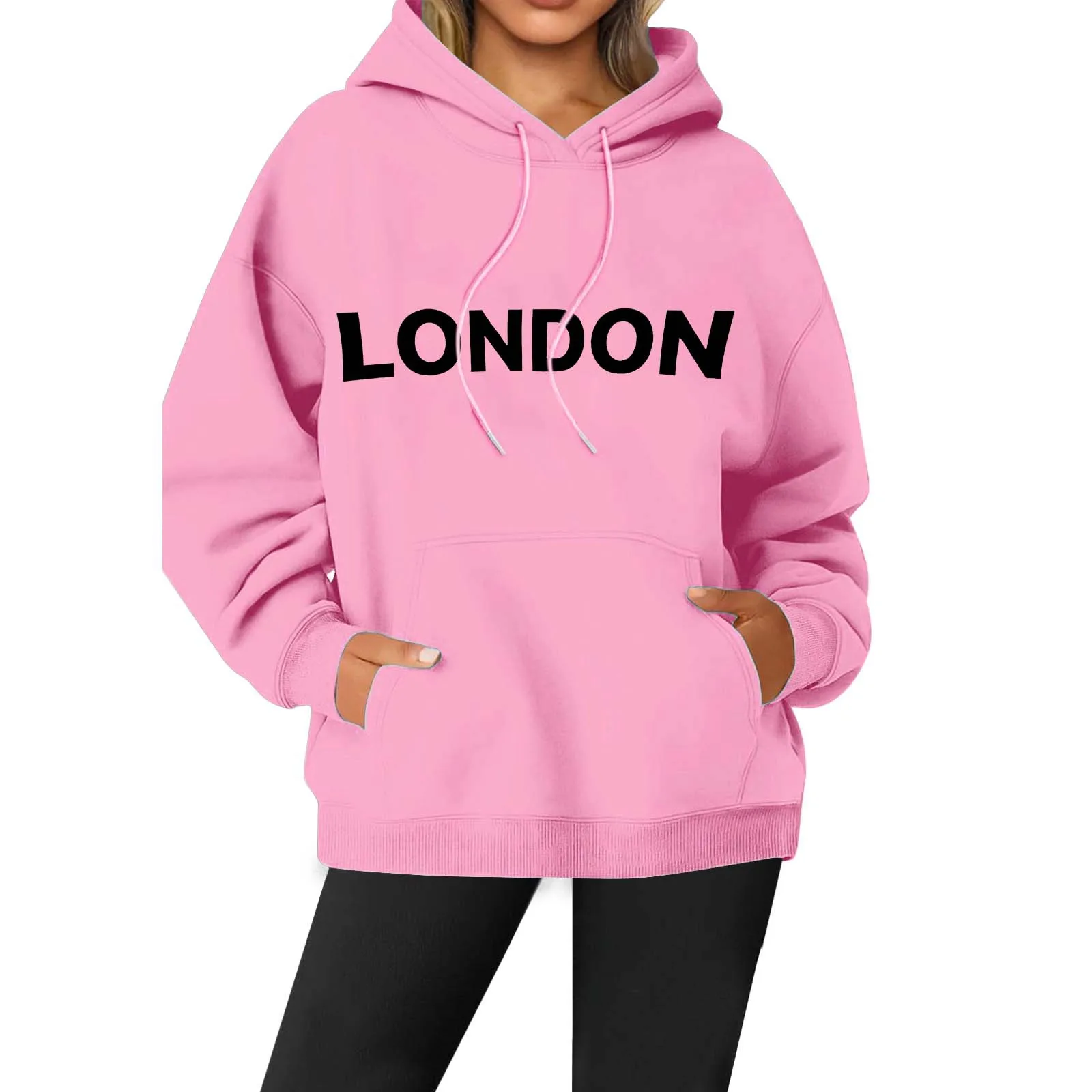 Fashion London Printed Hoodie Women Sweatshirt Long Sleeved Pocket Drawstring Casual Sports Oversized Hoodies Female Hoody Tops