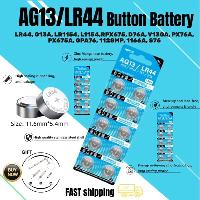 

10-100PCS 1.5V LR44 AG13 Button Cell Battery 357 SR44 LR1154 Button Coin RW82 SR1154 SP76 Batteries for Watch Toys LED light
