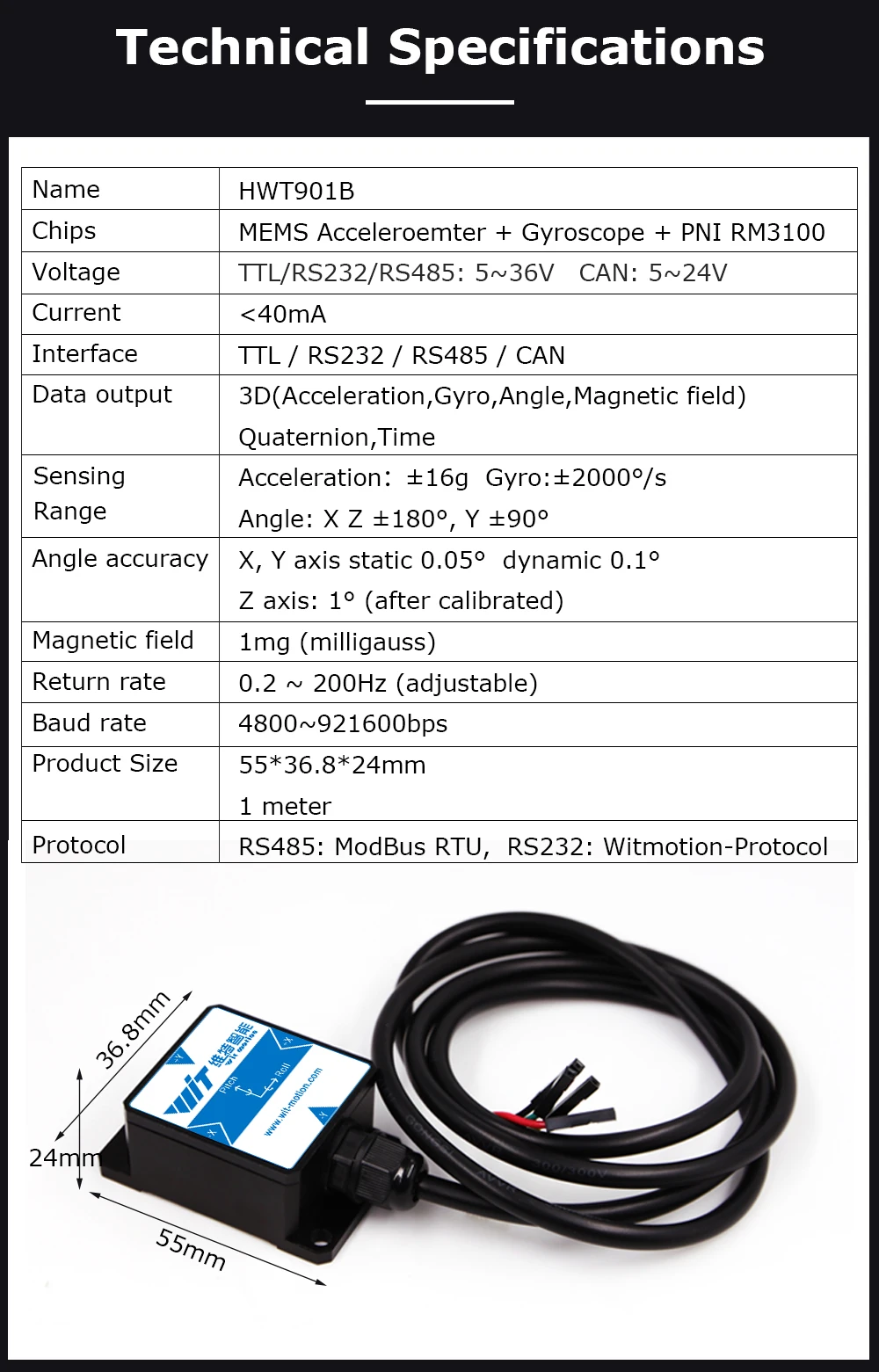 WITMOTION HWT901B-RS232 MPU9250 9-axis Gyroscope+Angle(XY 0.05 Accuracy)+Digital Compass Accelerometer Inclinometer