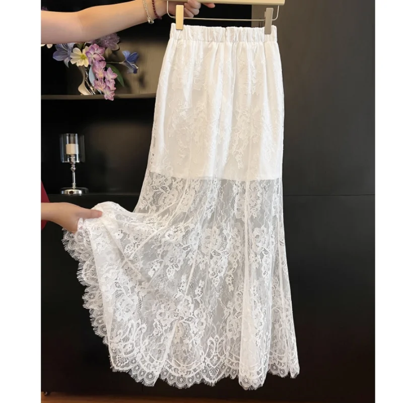 

Seoulish Elegant High Waist Lace Skirts for Women 2025 New Spring Summer Solid Mid Length Casual A-line Women's Skirts Female