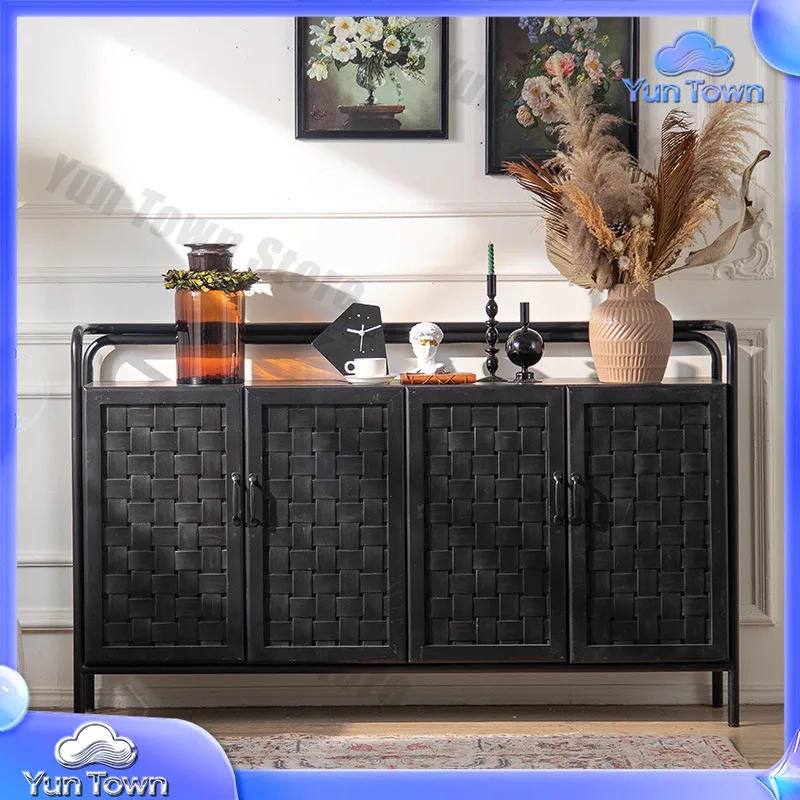 Retro Black Woven Wood Entry Cabinet for Living Room Dining Room Hotel Decorative Storage Cabinet with Vintage Iron Frame and