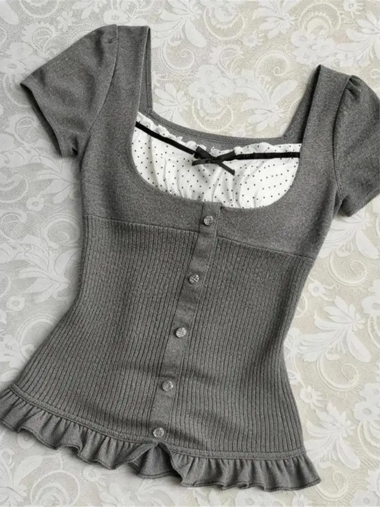 Sweet And Cool Grey Square Collar Short Sleeve Knitwear Polka Dot Splicing Waist Cinching Women's T-shirt Cleanfit Style