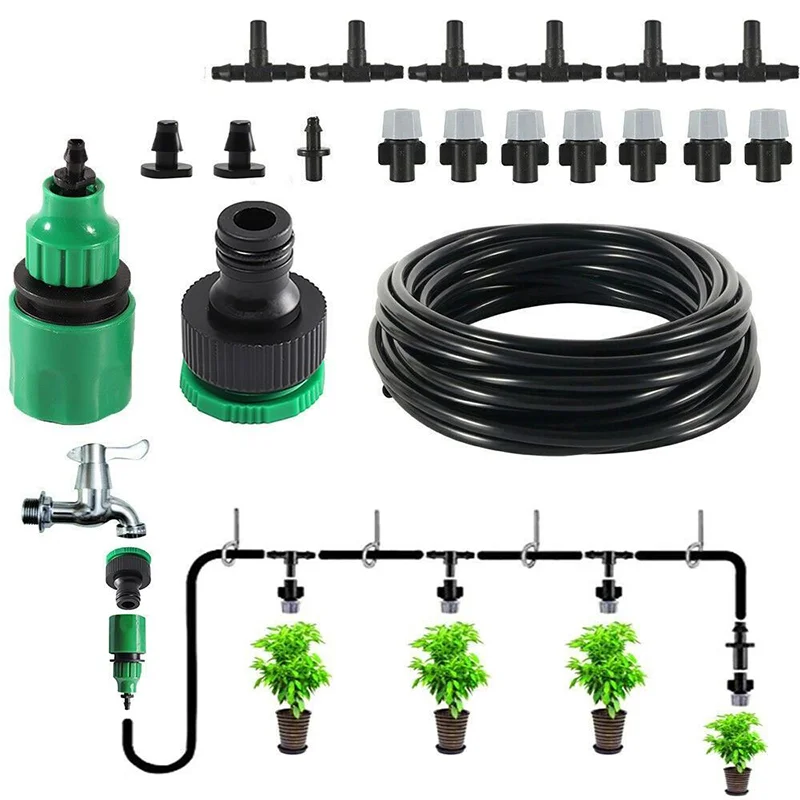 Greenhouse Drip Irrigation Watering Kit System 1/4''Automatic Garden Self Water Flower Lawn Adjustable Dripper Atomize