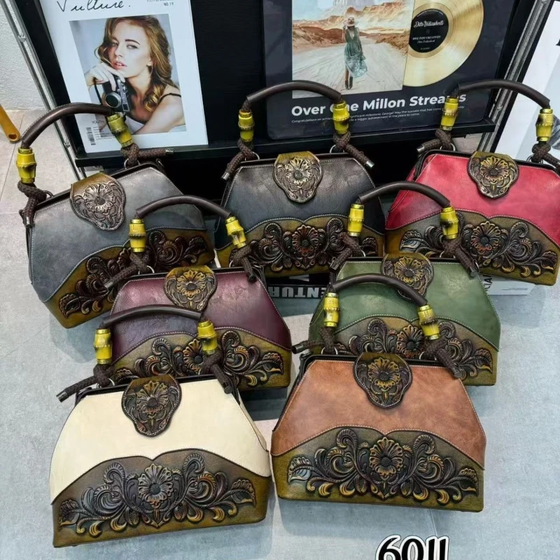 

The New Ethnic Style Embossed Cowhide Boston Bag Fashion Handbag Women Trendy Crossbody Bags Mothers High-end Women Package