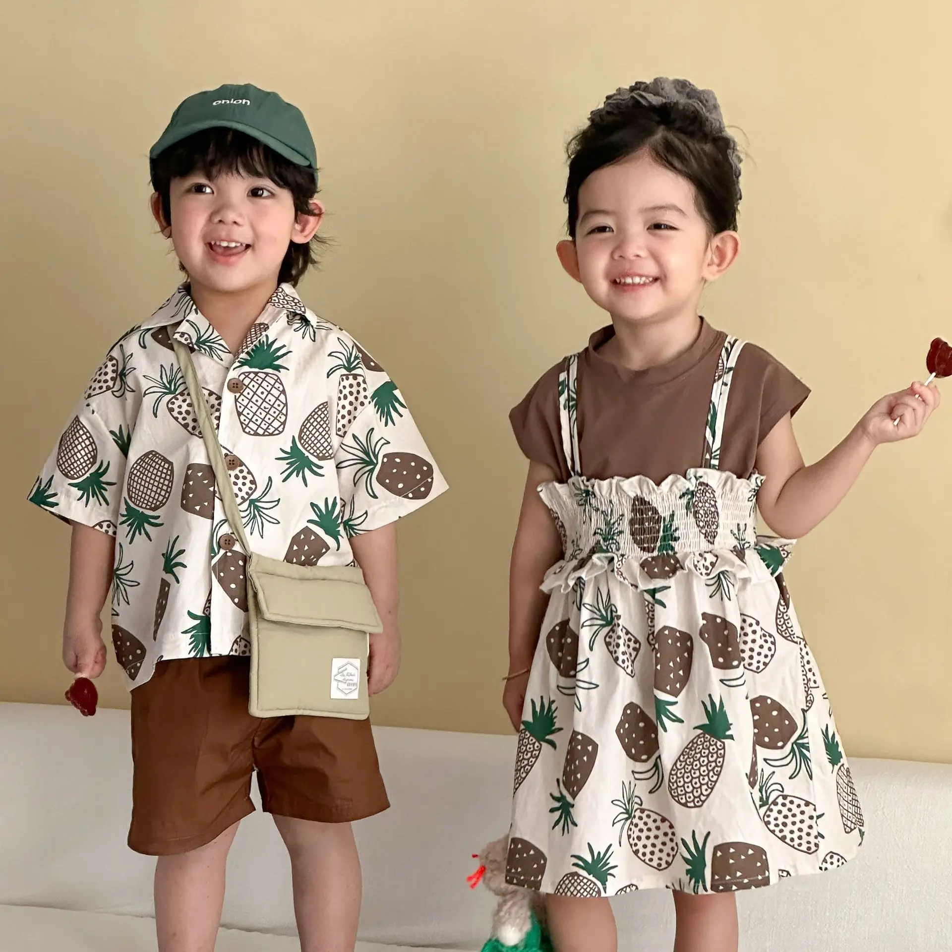 

2026 Summer New Children Short Sleeve Clothes Set Boys Casual Shorts 2pcs Suit Girls Cotton Sling Dress Brother Sister Outfits
