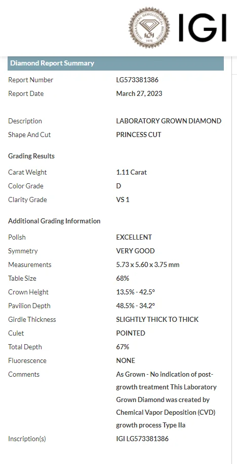 IGI 14k White Gold 3.0CT EF Color VS1 Princess Cut HPHT CVD Lab Grown Diamond Jewelry Diamond Engagement Ring IGI