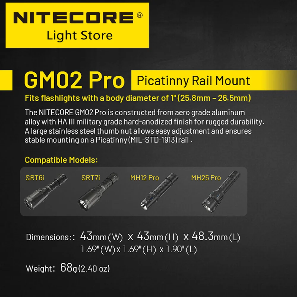 Imagem -03 - Nitecore-liga de Alumínio Genuine Acessórios Lanterna Gm02 Pro Waecon G-mount 258265 mm Mh25pro Adequado Mh12pro Srt7i Srt6i Genuíno