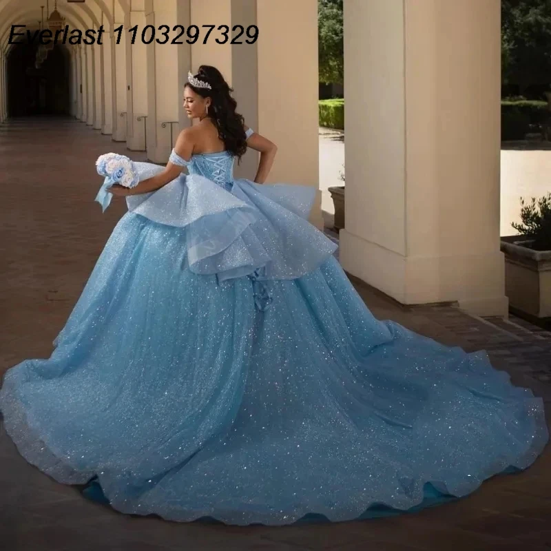 EVLAST-Vestido de Baile Quinceanera Azul Brilhante, 3D Lace Applique Beading com Espartilho Arco, Doce 16 Vestido de Festa, TQD751