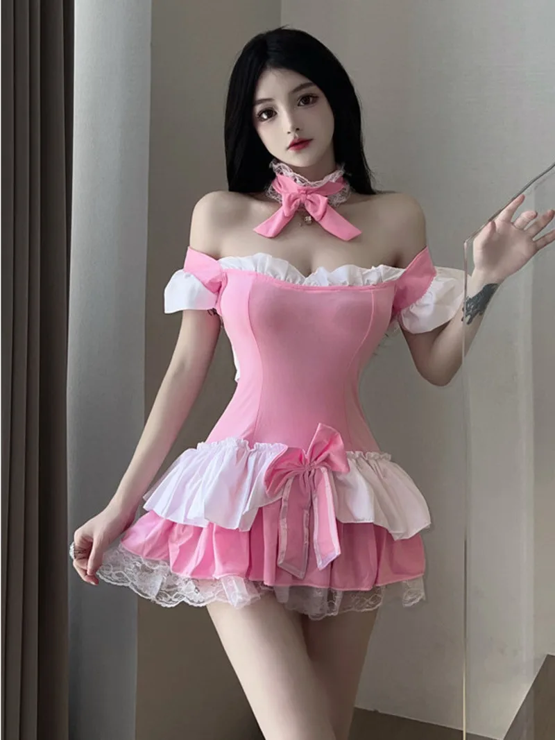 

Лето 2023, новая женская сексуальная милая униформа принцессы с открытой спиной и глубоким вырезом, с летящими рукавами и бантом, с кружевным краем, розовое, белое контрастное платье HSL1